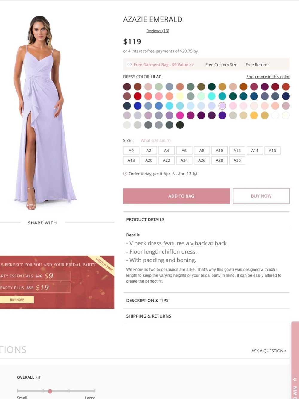 AZAZIE NWT 2 A2 Emerald Chiffon Gown Dress in Lilac • V-Neck High Slit Flowy - Picture 9 of 16